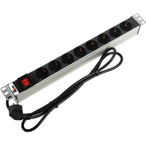 Блок розеток Rem-16 с выкл., 8 Schuko, 16 A, алюм., 19", шнур 1,8 м