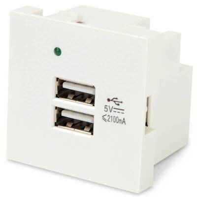 Характеристики Модуль розетки Hyperline USB для зарядки, 2 порта, 2М, 2.1А, 5В, 45x45мм, белый