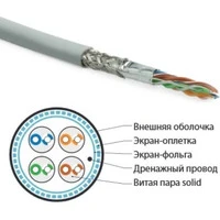 Кабель витая пара Hyperline SF/UTP, кат. 5e, 4 пары, solid, экран фольга + медная оплетка, LSZH, серый (305 м)