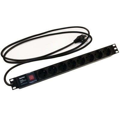 Характеристики Блок розеток Hyperline для 19" шкафов, горизонтальный, с выключателем с подсветкой, 8 розеток Schuko (16A), 250В, кабель питания 3х1.5мм2, длина 2.5 м, с вилкой Schuko