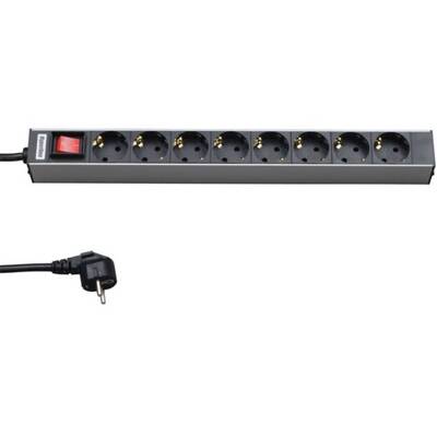 Характеристики Блок розеток Hyperline для 19'' шкафов, горизонтальный, с выключателем с подсветкой, 8 розеток Schuko (16A), кабель питания 2.5 м с вилкой Schuko