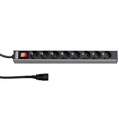 Характеристики Блок розеток Hyperline для 19'' шкафов, горизонтальный, с выключателем с подсветкой, 8 розеток Schuko (10A), кабель питания 2.5 м с вилкой IEC 320 C14