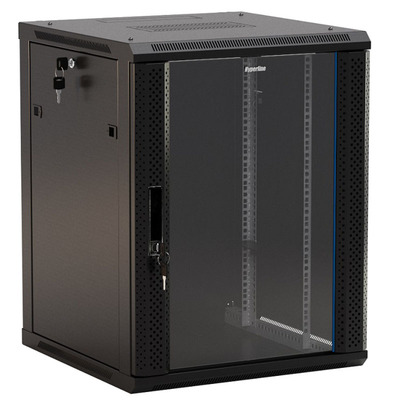 Характеристики Шкаф настенный Hyperline 19", 15U, 775x600х600 мм, стеклянная дверь с перфорацией по бокам, ручка с замком, цвет черный (разобранный)