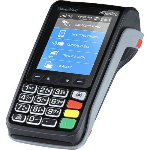 Характеристики POS-терминал Ingenico Move 3500 3G, Bluetooth, Wi-Fi, CTLS, 128+256 MB, Dual SIM, Base