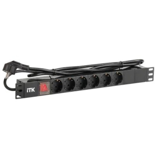 Блок розеток ITK PDU 6 DIN49440 с LED выключателем, 1U, шнур 2м вилка DIN49441 (нем. станд.), профиль из ПВХ, черный