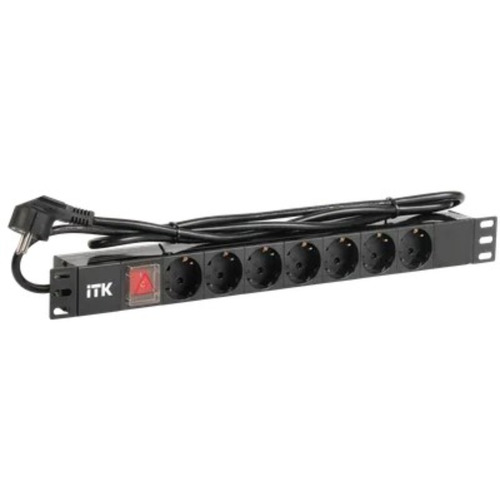 Блок розеток ITK PDU 7 DIN49440 с LED выключателем,1U, без шнура, вх. C14, алюминиевый профиль