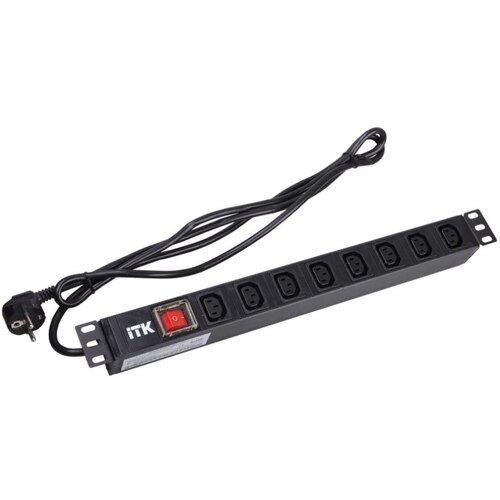 Блок розеток ITK PDU 8 розеток C13 с LED выключателем,1U, шнур 2м вилка Schuko