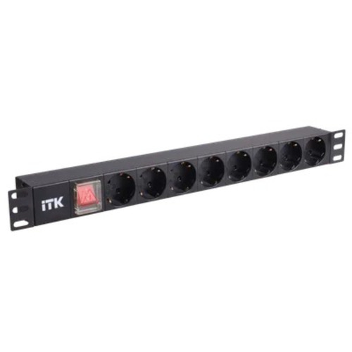 Блок розеток ITK PDU 8 DIN49440 с LED выключателем,1U, без шнура, вх. C14, алюминиевый профиль