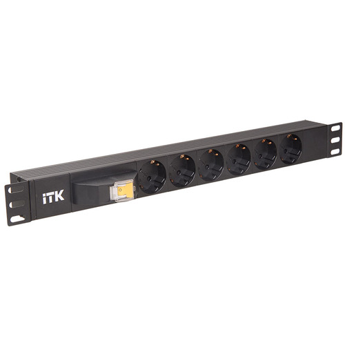 Блок розеток ITK PDU 6 DIN49440, с автоматом на 10А,1U, без шнура, вх. IEC320 C14, алюминиевый профиль, черный